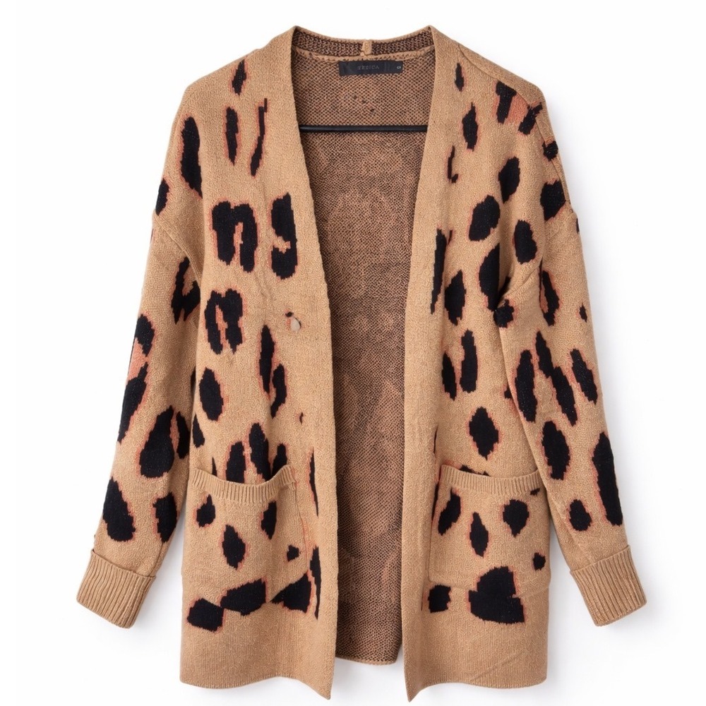 ZESICA Leopard Print Cardigan Sweater Khaki Open Front Loose Fit Small